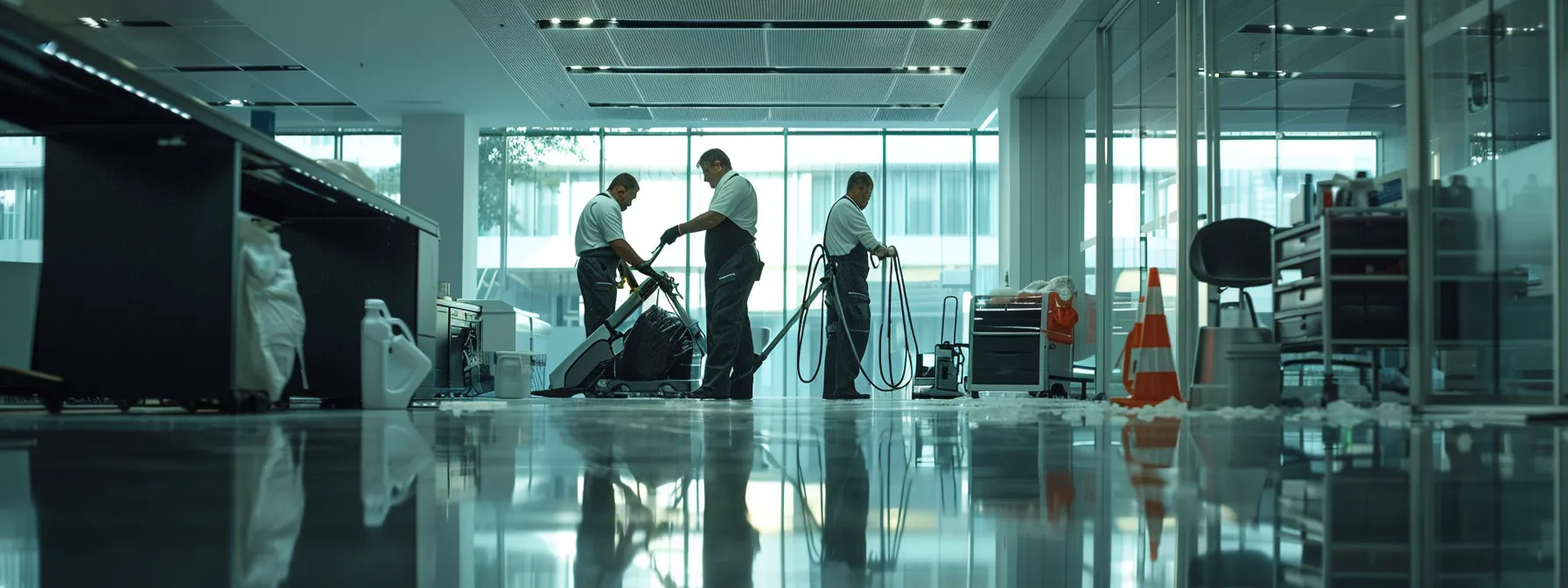 a team of professional cleaners using high-tech equipment to clean a commercial office space.